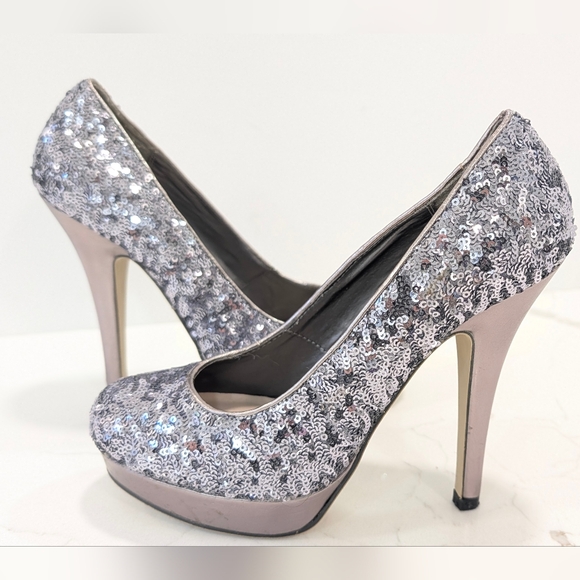 Silver sequin platform high heel pumps womens 7.5 glitter sparkly party Shoes - Picture 7 of 14